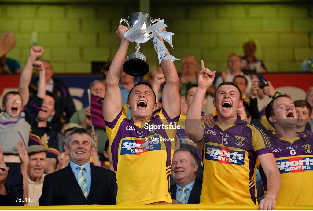 10 July 2013; Wexford captain Lee Chin lifts the Robbins Cup as his team-mates celebrate. Bord Gáis Energy Leinster GAA Hurling Under 21 Championship Final, Kilkenny v Wexford, Wexford Park, Wexford. Picture credit: Matt Browne / SPORTSFILE
