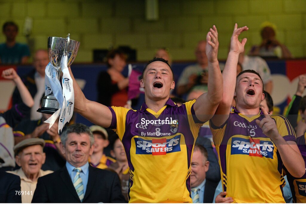 10 July 2013; Wexford captain Lee Chin lifts the Robbins Cup as his team-mate Rhys Clarke celebrate. Bord Gáis Energy Leinster GAA Hurling Under 21 Championship Final, Kilkenny v Wexford, Wexford Park, Wexford. Picture credit: Matt Browne / SPORTSFILE