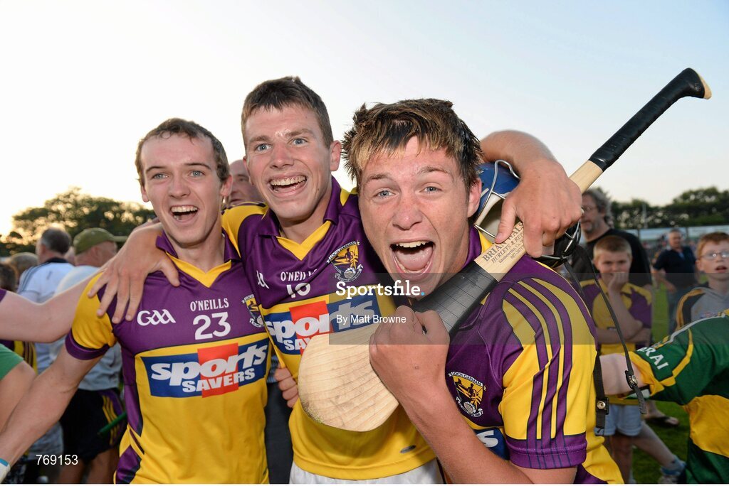 10 July 2013; Wexford's Conor McDonald, Conor O'Leary, centre, and Robert O'Leary, left, celebrates after the final whistle. Bord Gáis Energy Leinster GAA Hurling Under 21 Championship Final, Kilkenny v Wexford, Wexford Park, Wexford. Picture credit: Matt Browne / SPORTSFILE