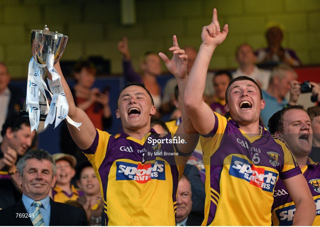 10 July 2013; Wexford captain Lee Chin lifts the Robbins Cup as his team-mate Rhys Clarke celebrates. Bord Gáis Energy Leinster GAA Hurling Under 21 Championship Final, Kilkenny v Wexford, Wexford Park, Wexford. Picture credit: Matt Browne / SPORTSFILE