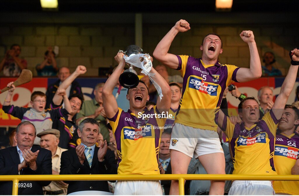 10 July 2013; Wexford captain Lee Chin lifts the Robbins Cup as his team-mates celebrate. Bord Gáis Energy Leinster GAA Hurling Under 21 Championship Final, Kilkenny v Wexford, Wexford Park, Wexford. Picture credit: Matt Browne / SPORTSFILE