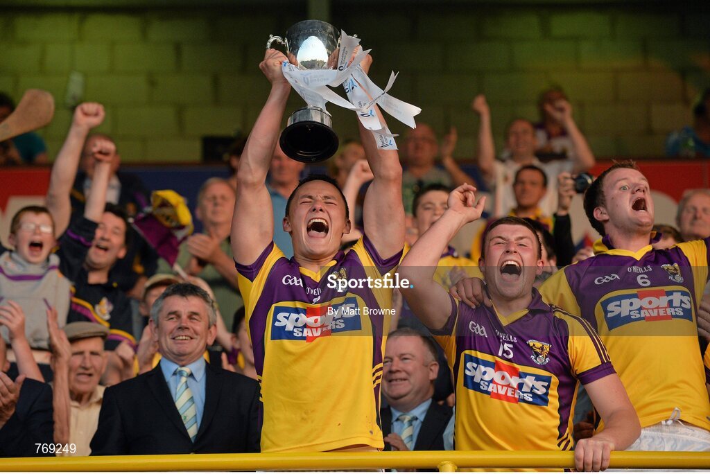 10 July 2013; Wexford captain Lee Chin lifts the Robbins Cup as his team-mates Rhys Clarke and Shane O'Gorman celebrate. Bord Gáis Energy Leinster GAA Hurling Under 21 Championship Final, Kilkenny v Wexford, Wexford Park, Wexford. Picture credit: Matt Browne / SPORTSFILE