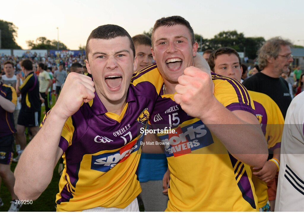 10 July 2013; Wexford's Colm Heffernan, left, and Rhys Clarke celebrate after the final whistle. Bord Gáis Energy Leinster GAA Hurling Under 21 Championship Final, Kilkenny v Wexford, Wexford Park, Wexford. Picture credit: Matt Browne / SPORTSFILE