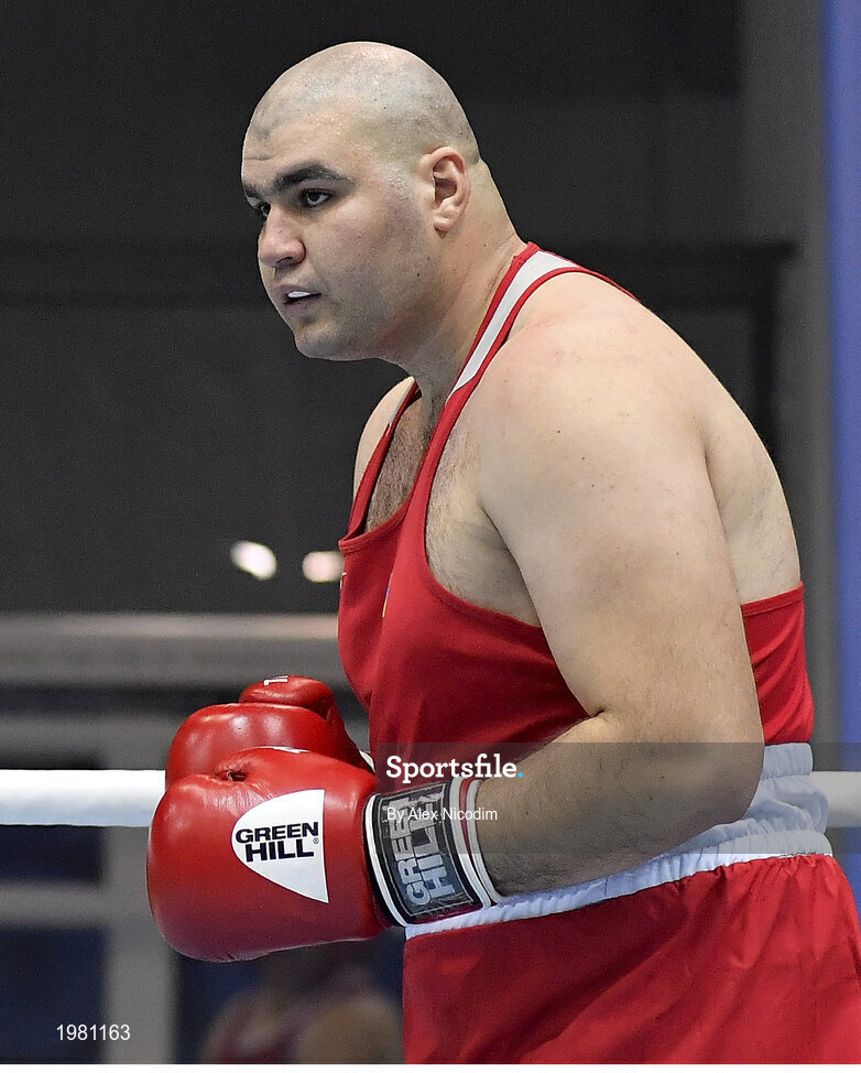 26 February 2021; Gurgen Hovhannisyan of Armenia ahead of his Men's Super Heavyweight +91kg semi-final bout against Bokhodir Jalolov of Uzbekistan at the AIBA Strandja Memorial Boxing Tournament in Sofia, Bulgaria. Photo by Alex Nicodim/Sportsfile