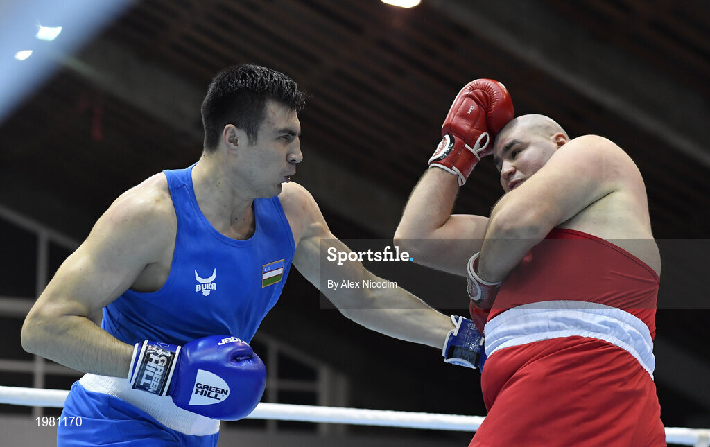 26 February 2021; Bokhodir Jalolov of Uzbekistan, left, and Gurgen Hovhannisyan of Armenia during their Men's Super Heavyweight +91kg semi-final bout at the AIBA Strandja Memorial Boxing Tournament in Sofia, Bulgaria. Photo by Alex Nicodim/Sportsfile