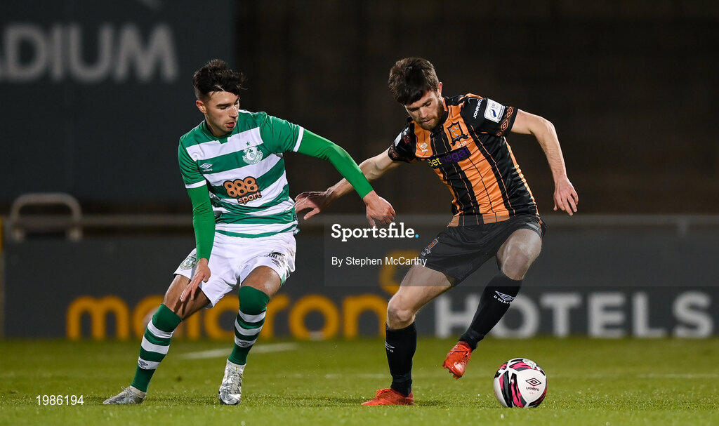12 March 2021; Sam Stanton of Dundalk in action against Danny Mandroiu of Shamrock Rovers during the FAI President's Cup Final match between Shamrock Rovers and Dundalk at Tallaght Stadium in Dublin. Photo by Stephen McCarthy/Sportsfile