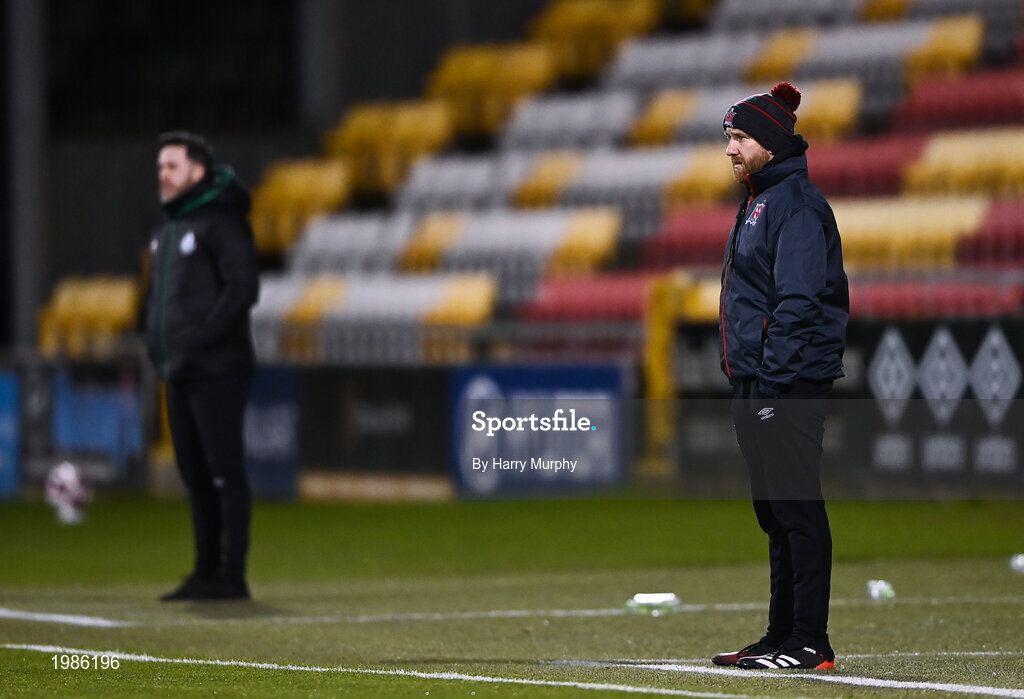 12 March 2021; Dundalk team manager Shane Keegan and Shamrock Rovers manager Stephen Bradley during the FAI President's Cup Final match between Shamrock Rovers and Dundalk at Tallaght Stadium in Dublin. Photo by Harry Murphy/Sportsfile