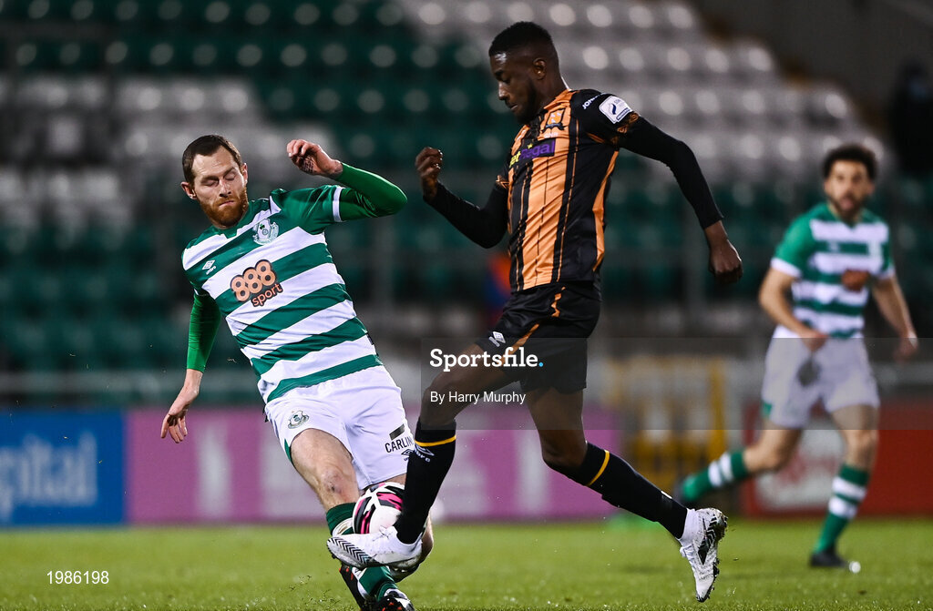 12 March 2021; Junior Ogedi-Uzokwe of Dundalk in action against Chris McCann of Shamrock Rovers during the FAI President's Cup Final match between Shamrock Rovers and Dundalk at Tallaght Stadium in Dublin. Photo by Harry Murphy/Sportsfile