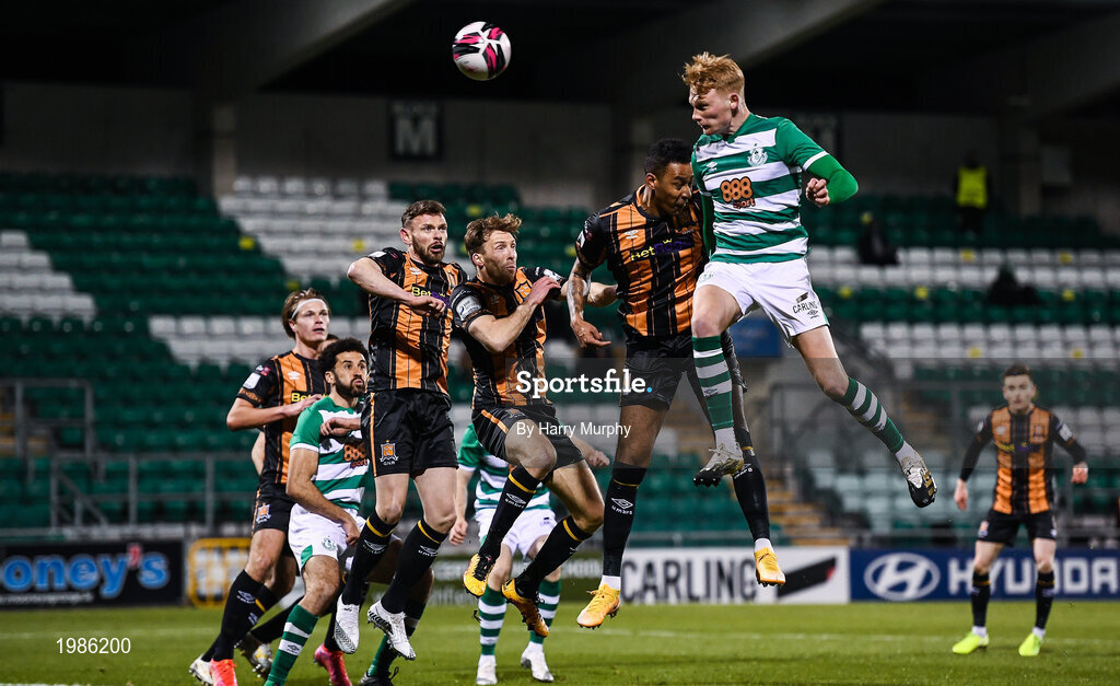 12 March 2021; Liam Scales of Shamrock Rovers heads at goal under pressure from Sonni Nattestad of Dundalk during the FAI President's Cup Final match between Shamrock Rovers and Dundalk at Tallaght Stadium in Dublin. Photo by Harry Murphy/Sportsfile