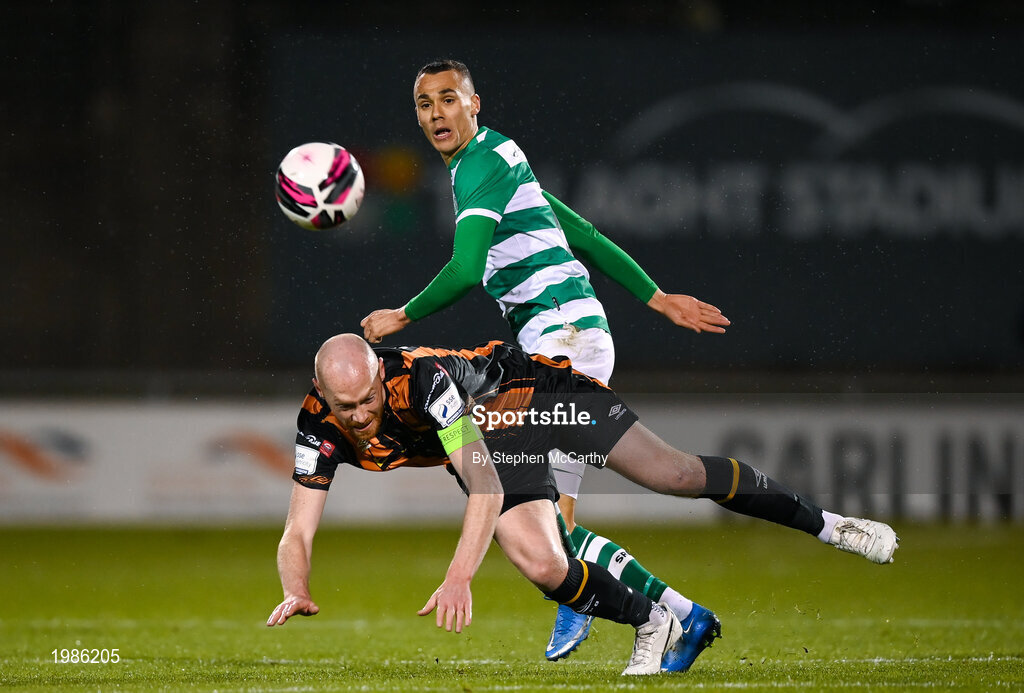 12 March 2021; Chris Shields of Dundalk in action against Graham Burke of Shamrock Rovers during the FAI President's Cup Final match between Shamrock Rovers and Dundalk at Tallaght Stadium in Dublin. Photo by Stephen McCarthy/Sportsfile