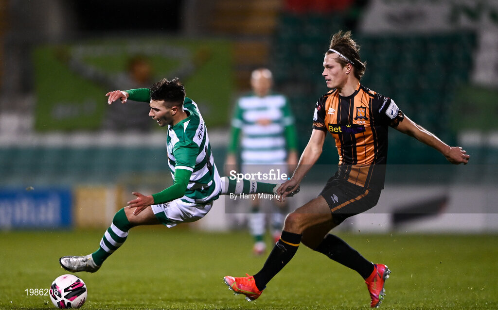 12 March 2021; Danny Mandroiu of Shamrock Rovers is tackled by Daniel Cleary of Dundalk during the FAI President's Cup Final match between Shamrock Rovers and Dundalk at Tallaght Stadium in Dublin. Photo by Harry Murphy/Sportsfile