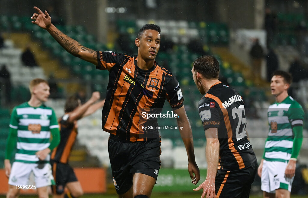 12 March 2021; Sonni Nattestad of Dundalk celebrates after scoring his side's first goal during the FAI President's Cup Final match between Shamrock Rovers and Dundalk at Tallaght Stadium in Dublin. Photo by Stephen McCarthy/Sportsfile