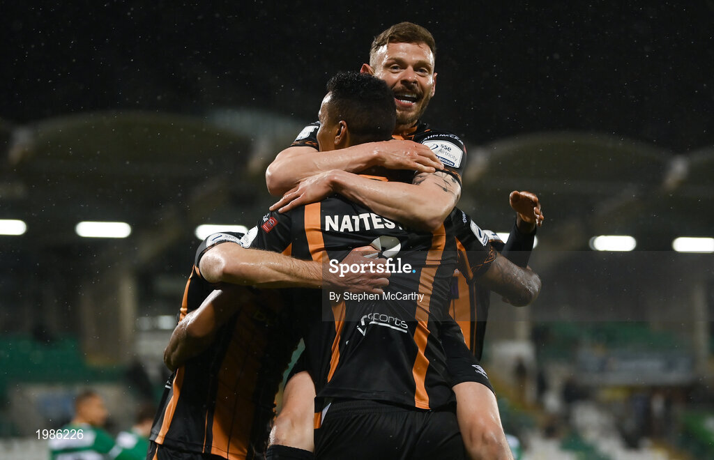 12 March 2021; Andy Boyle, top, celebrates with Dundalk team-mate Sonni Nattestad after he scored their side's first goal during the FAI President's Cup Final match between Shamrock Rovers and Dundalk at Tallaght Stadium in Dublin. Photo by Stephen McCarthy/Sportsfile