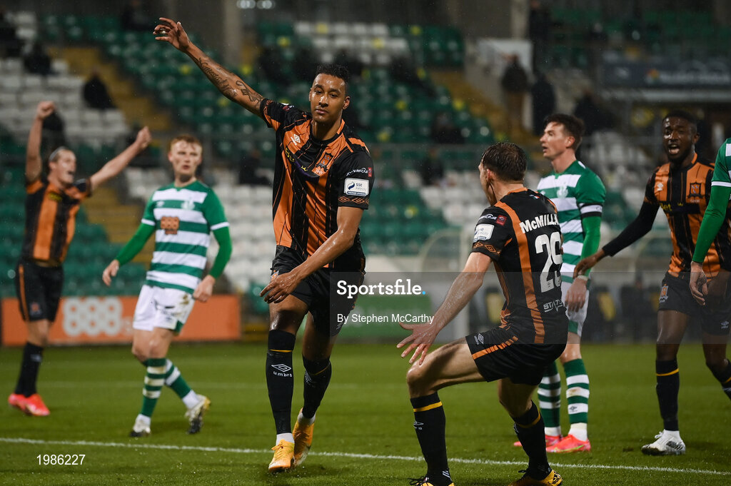 12 March 2021; Sonni Nattestad of Dundalk celebrates after scoring his side's first goal during the FAI President's Cup Final match between Shamrock Rovers and Dundalk at Tallaght Stadium in Dublin. Photo by Stephen McCarthy/Sportsfile