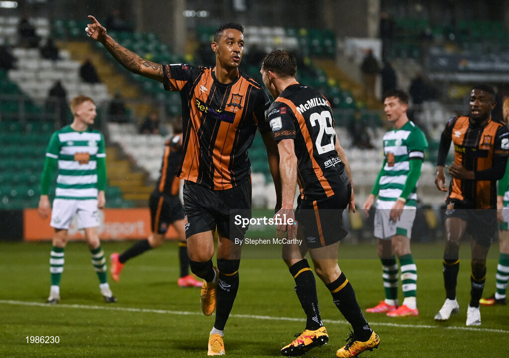 12 March 2021; Sonni Nattestad of Dundalk celebrates after scoring his side's first goal with team-mate David McMillan, right, during the FAI President's Cup Final match between Shamrock Rovers and Dundalk at Tallaght Stadium in Dublin. Photo by Stephen McCarthy/Sportsfile