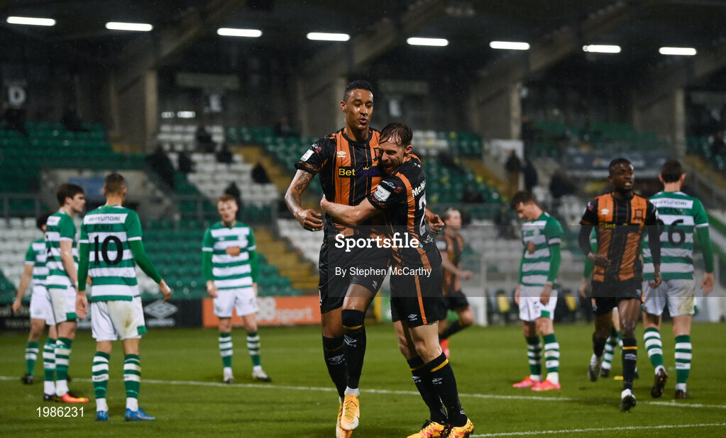12 March 2021; Sonni Nattestad of Dundalk celebrates after scoring his side's first goal with team-mate David McMillan, right, during the FAI President's Cup Final match between Shamrock Rovers and Dundalk at Tallaght Stadium in Dublin. Photo by Stephen McCarthy/Sportsfile