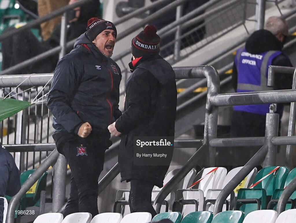 12 March 2021; Dundalk coach Filippo Giovagnoli celebrates his side's first goal from the stand during the FAI President's Cup Final match between Shamrock Rovers and Dundalk at Tallaght Stadium in Dublin. Photo by Harry Murphy/Sportsfile