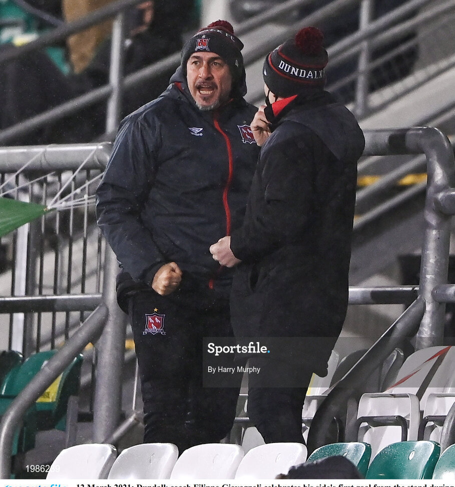 12 March 2021; Dundalk coach Filippo Giovagnoli celebrates his side's first goal from the stand during the FAI President's Cup Final match between Shamrock Rovers and Dundalk at Tallaght Stadium in Dublin. Photo by Harry Murphy/Sportsfile