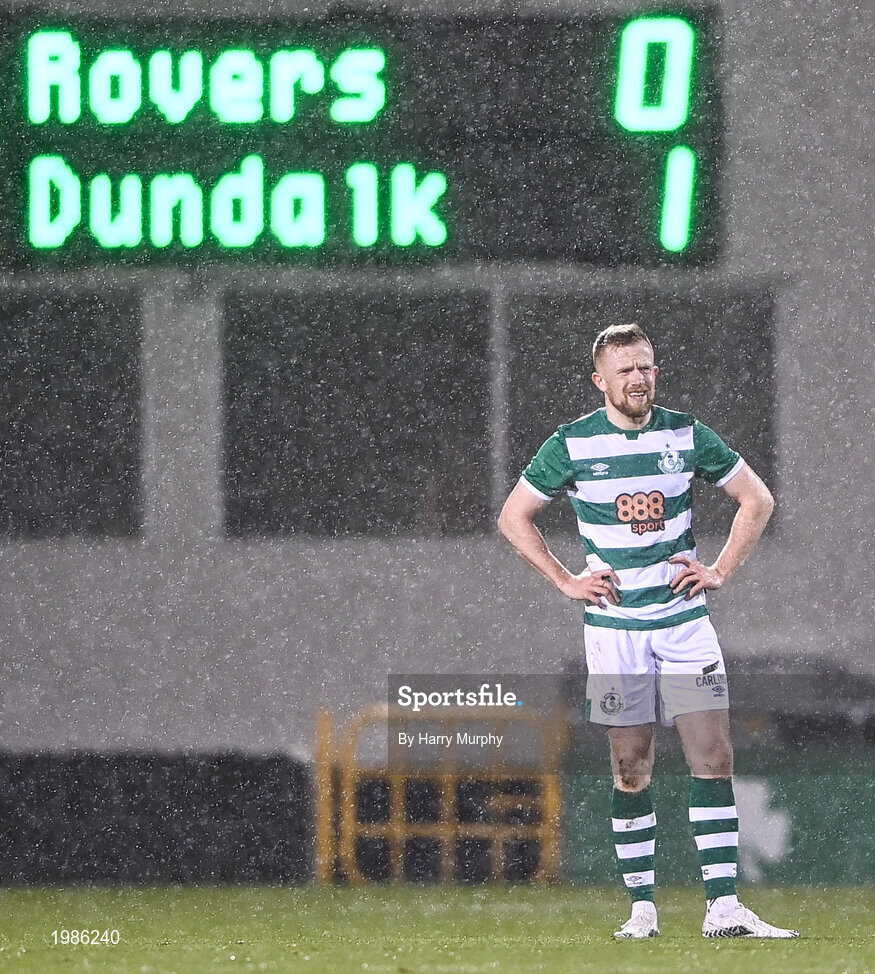 12 March 2021; Sean Hoare of Shamrock Rovers reacts after his side concede their first goal during the FAI President's Cup Final match between Shamrock Rovers and Dundalk at Tallaght Stadium in Dublin. Photo by Harry Murphy/Sportsfile