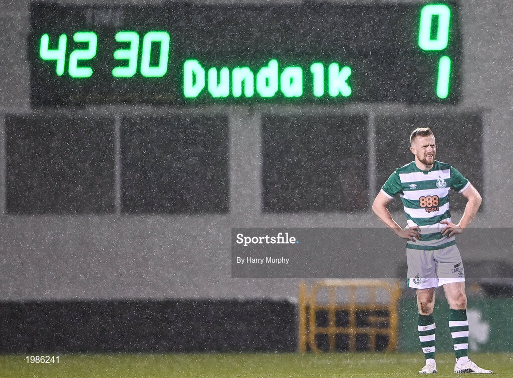 12 March 2021; Sean Hoare of Shamrock Rovers reacts after his side concede their first goal during the FAI President's Cup Final match between Shamrock Rovers and Dundalk at Tallaght Stadium in Dublin. Photo by Harry Murphy/Sportsfile