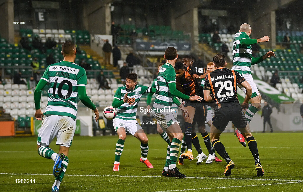 12 March 2021; Sonni Nattestad of Dundalk heads his side's first goal during the FAI President's Cup Final match between Shamrock Rovers and Dundalk at Tallaght Stadium in Dublin. Photo by Stephen McCarthy/Sportsfile