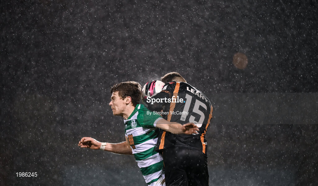 12 March 2021; Sean Gannon of Shamrock Rovers in action against Darragh Leahy of Dundalk during the FAI President's Cup Final match between Shamrock Rovers and Dundalk at Tallaght Stadium in Dublin. Photo by Stephen McCarthy/Sportsfile