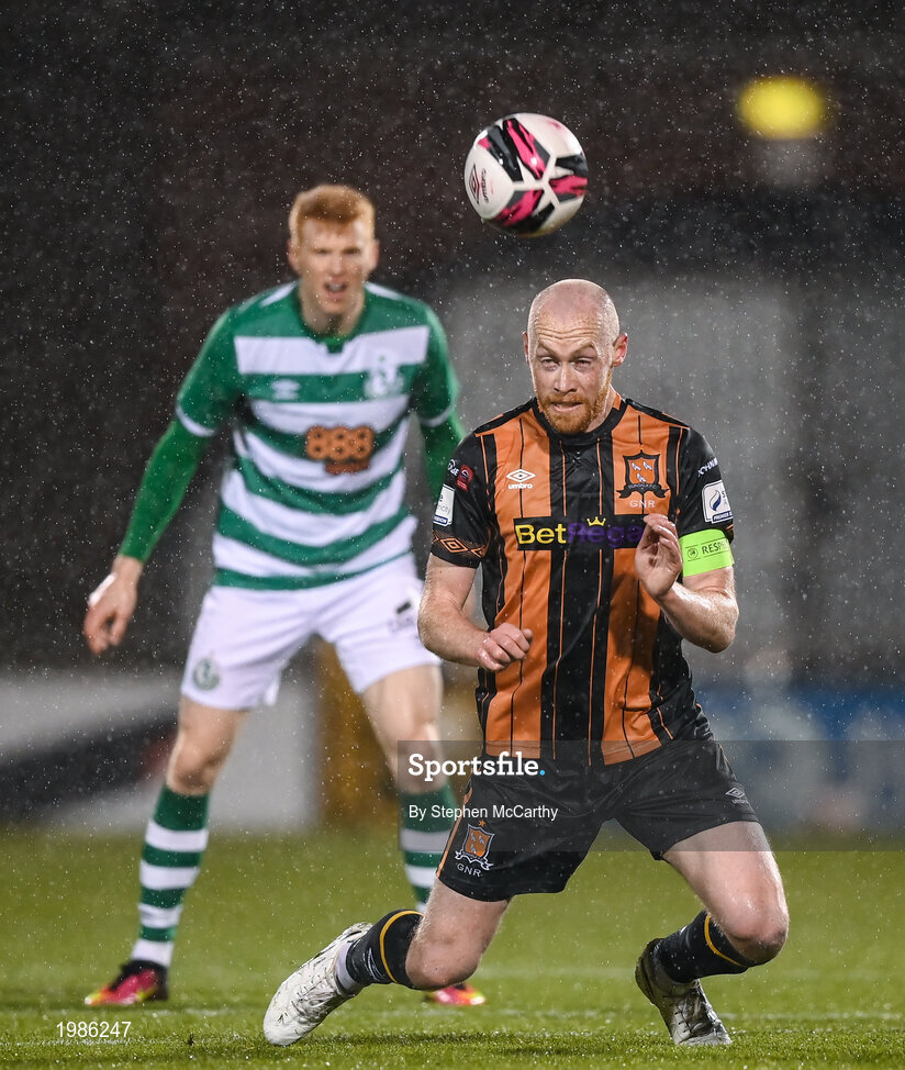12 March 2021; Chris Shields of Dundalk in action against Rory Gaffney of Shamrock Rovers during the FAI President's Cup Final match between Shamrock Rovers and Dundalk at Tallaght Stadium in Dublin. Photo by Stephen McCarthy/Sportsfile