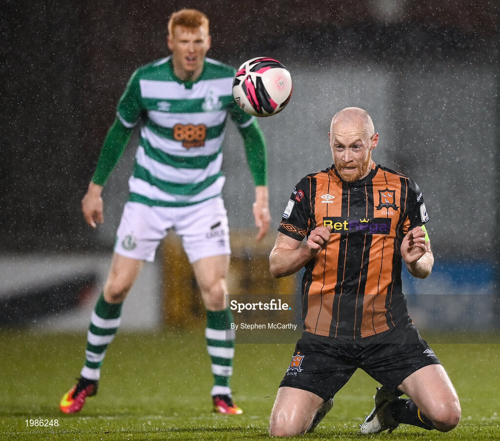 12 March 2021; Chris Shields of Dundalk in action against Rory Gaffney of Shamrock Rovers during the FAI President's Cup Final match between Shamrock Rovers and Dundalk at Tallaght Stadium in Dublin. Photo by Stephen McCarthy/Sportsfile