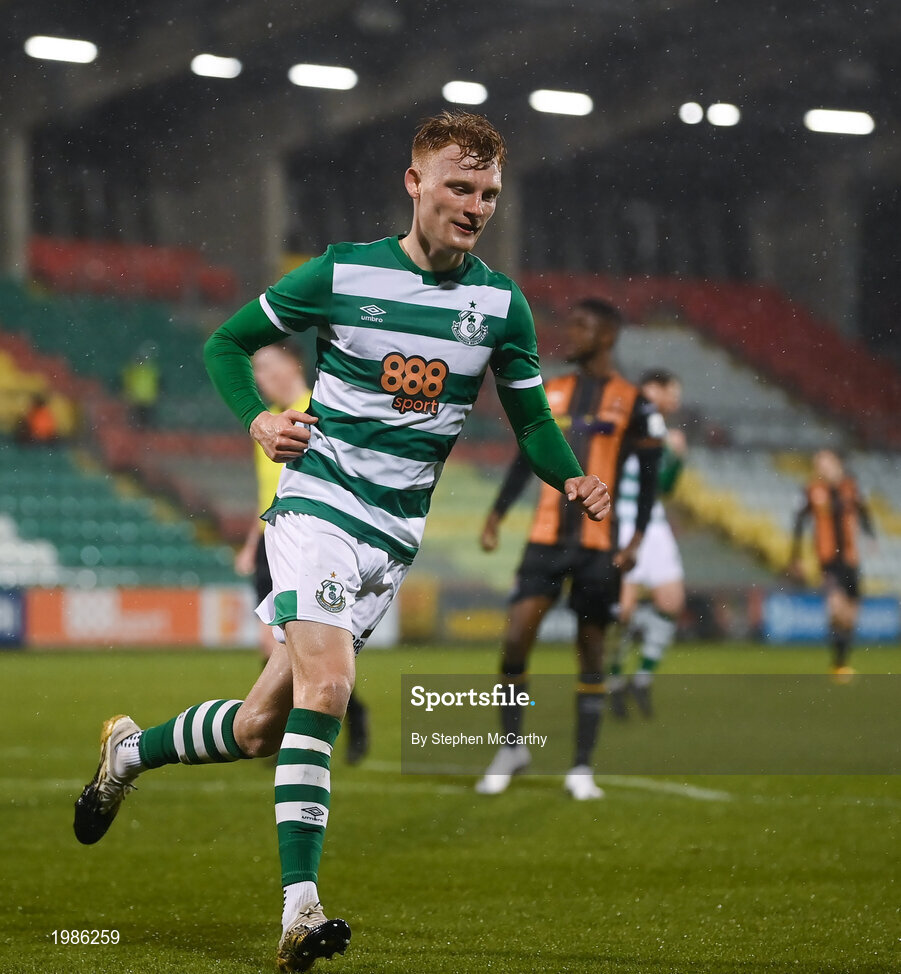 12 March 2021; Liam Scales of Shamrock Rovers celebrates after scoring his side's first goal during the FAI President's Cup Final match between Shamrock Rovers and Dundalk at Tallaght Stadium in Dublin. Photo by Stephen McCarthy/Sportsfile