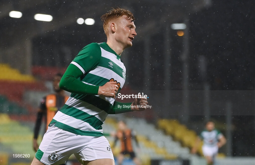 12 March 2021; Liam Scales of Shamrock Rovers celebrates after scoring his side's first goal during the FAI President's Cup Final match between Shamrock Rovers and Dundalk at Tallaght Stadium in Dublin. Photo by Stephen McCarthy/Sportsfile