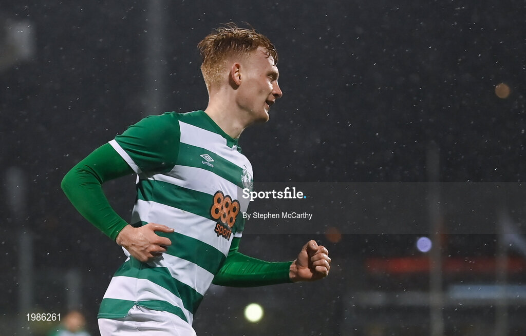 12 March 2021; Liam Scales of Shamrock Rovers celebrates after scoring his side's first goal during the FAI President's Cup Final match between Shamrock Rovers and Dundalk at Tallaght Stadium in Dublin. Photo by Stephen McCarthy/Sportsfile