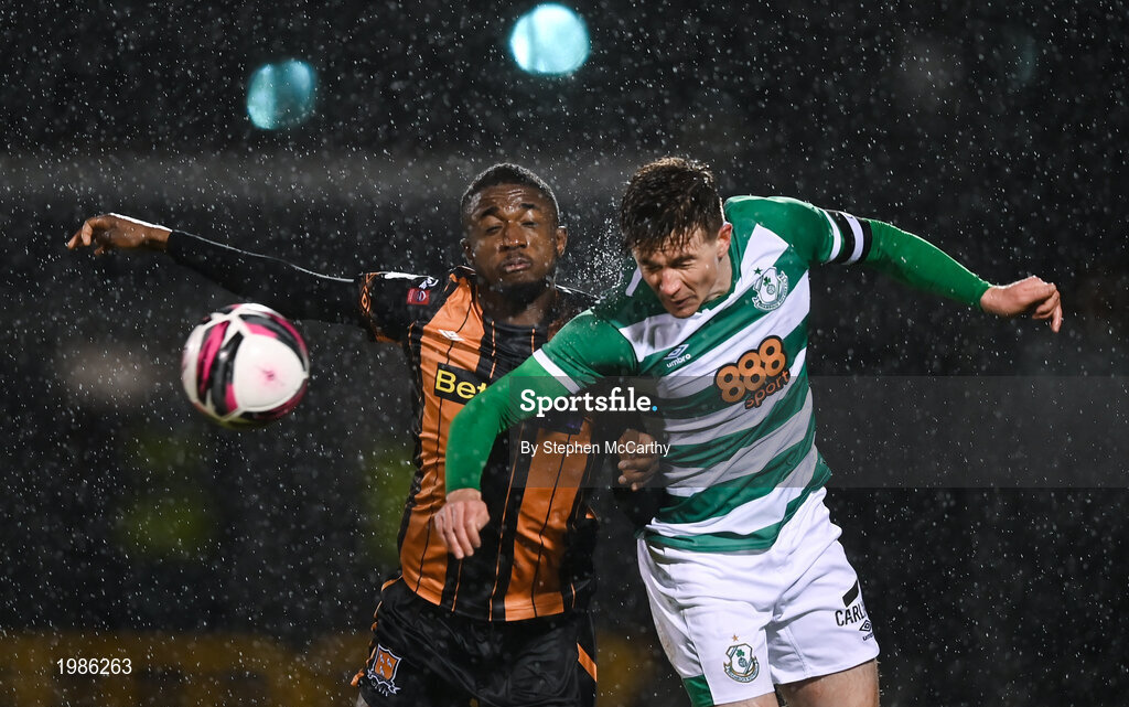 12 March 2021; Junior Ogedi-Uzokwe of Dundalk in action against Ronan Finn of Shamrock Rovers during the FAI President's Cup Final match between Shamrock Rovers and Dundalk at Tallaght Stadium in Dublin. Photo by Stephen McCarthy/Sportsfile