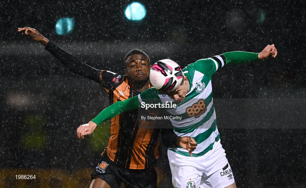 12 March 2021; Junior Ogedi-Uzokwe of Dundalk in action against Ronan Finn of Shamrock Rovers during the FAI President's Cup Final match between Shamrock Rovers and Dundalk at Tallaght Stadium in Dublin. Photo by Stephen McCarthy/Sportsfile