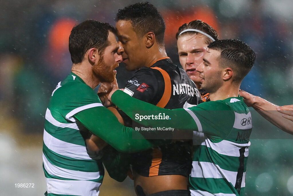 12 March 2021; Sonni Nattestad of Dundalk tussles with Chris McCann, left, and Danny Mandroiu of Shamrock Rovers, before being sent off, during the FAI President's Cup Final match between Shamrock Rovers and Dundalk at Tallaght Stadium in Dublin. Photo by Stephen McCarthy/Sportsfile