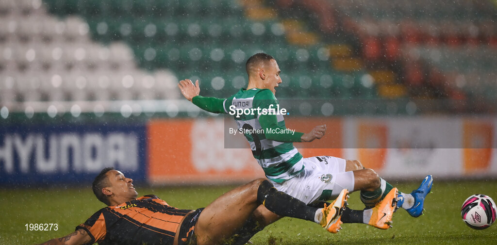 12 March 2021; Sonni Nattestad of Dundalk tackles Graham Burke of Shamrock Rovers, resulting in a red card, during the FAI President's Cup Final match between Shamrock Rovers and Dundalk at Tallaght Stadium in Dublin. Photo by Stephen McCarthy/Sportsfile