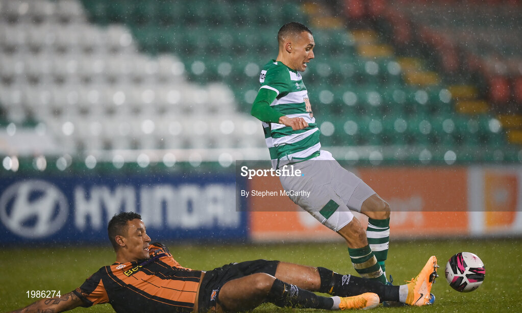 12 March 2021; Sonni Nattestad of Dundalk tackles Graham Burke of Shamrock Rovers, resulting in a red card, during the FAI President's Cup Final match between Shamrock Rovers and Dundalk at Tallaght Stadium in Dublin. Photo by Stephen McCarthy/Sportsfile