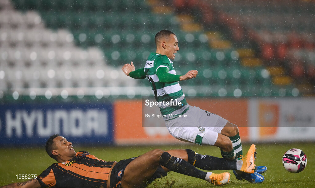 12 March 2021; Sonni Nattestad of Dundalk tackles Graham Burke of Shamrock Rovers, resulting in a red card, during the FAI President's Cup Final match between Shamrock Rovers and Dundalk at Tallaght Stadium in Dublin. Photo by Stephen McCarthy/Sportsfile