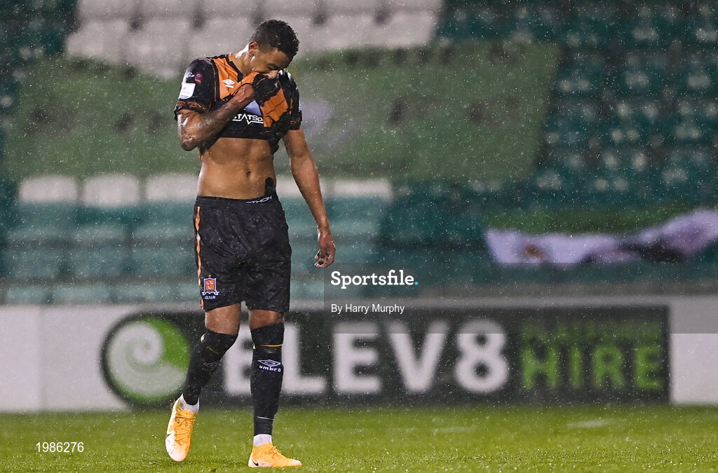 12 March 2021; Sonni Nattestad of Dundalk leaves the pitch after receiving a red card during the FAI President's Cup Final match between Shamrock Rovers and Dundalk at Tallaght Stadium in Dublin. Photo by Harry Murphy/Sportsfile