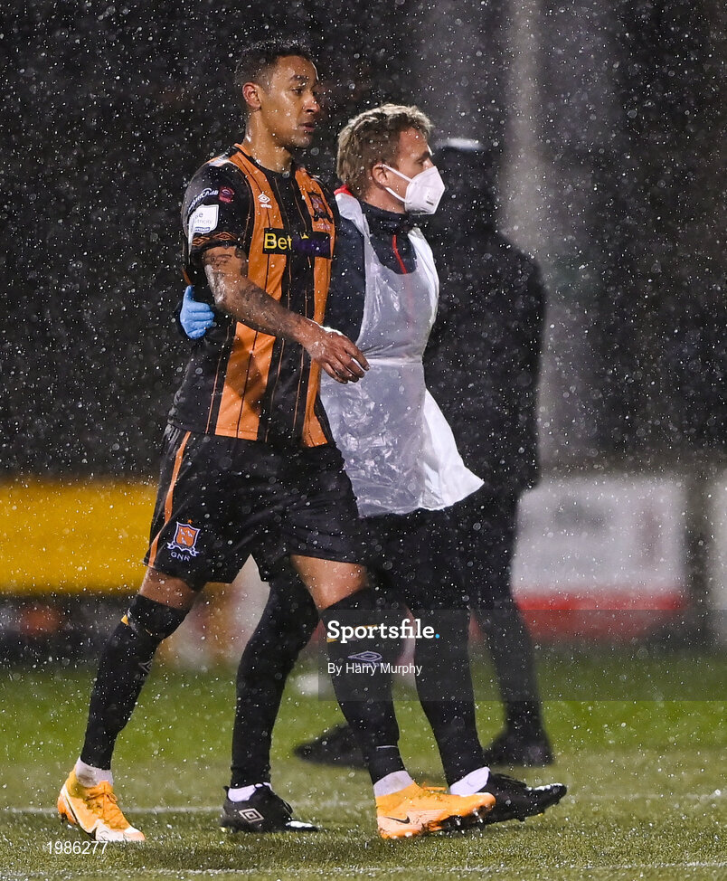 12 March 2021; Sonni Nattestad of Dundalk leaves the pitch after receiving a red card during the FAI President's Cup Final match between Shamrock Rovers and Dundalk at Tallaght Stadium in Dublin. Photo by Harry Murphy/Sportsfile