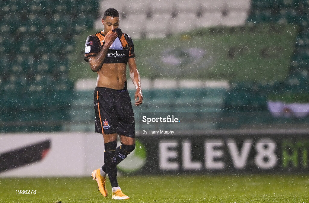 12 March 2021; Sonni Nattestad of Dundalk leaves the pitch after receiving a red card during the FAI President's Cup Final match between Shamrock Rovers and Dundalk at Tallaght Stadium in Dublin. Photo by Harry Murphy/Sportsfile