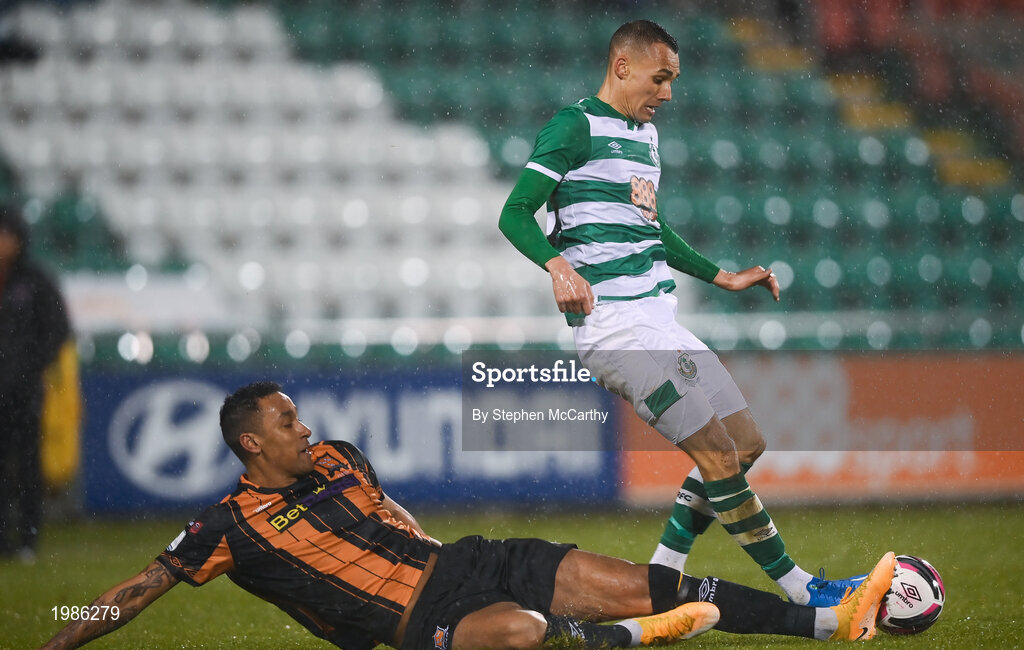 12 March 2021; Sonni Nattestad of Dundalk tackles Graham Burke of Shamrock Rovers, resulting in a red card, during the FAI President's Cup Final match between Shamrock Rovers and Dundalk at Tallaght Stadium in Dublin. Photo by Stephen McCarthy/Sportsfile
