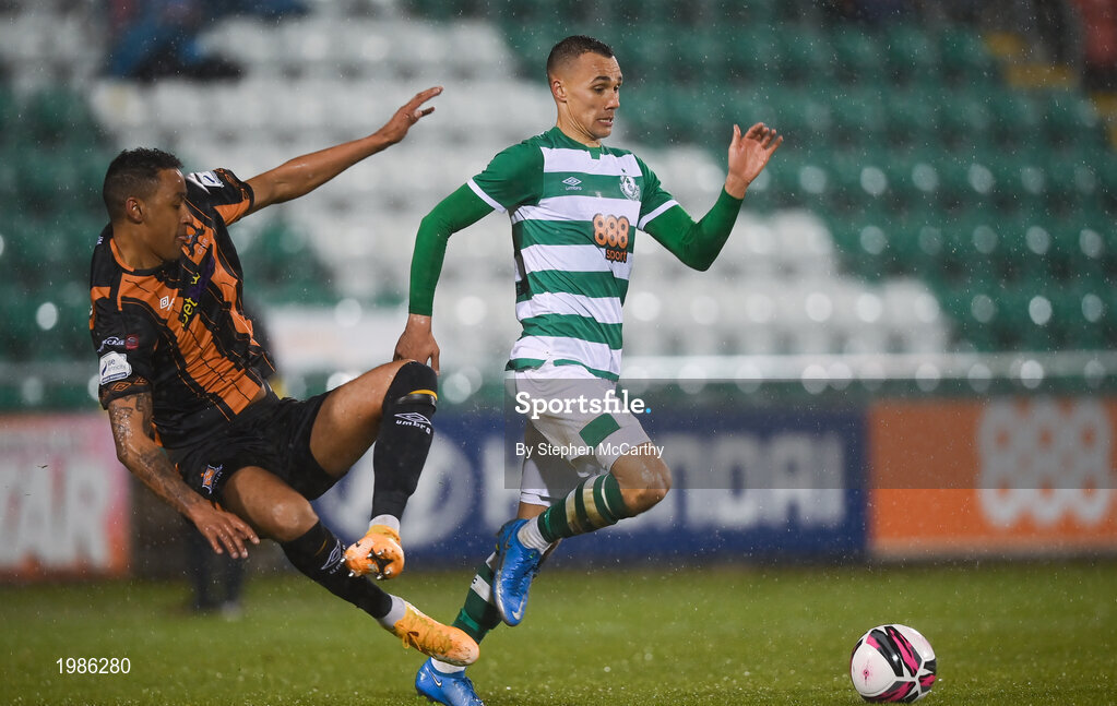 12 March 2021; Sonni Nattestad of Dundalk tackles Graham Burke of Shamrock Rovers, resulting in a red card, during the FAI President's Cup Final match between Shamrock Rovers and Dundalk at Tallaght Stadium in Dublin. Photo by Stephen McCarthy/Sportsfile