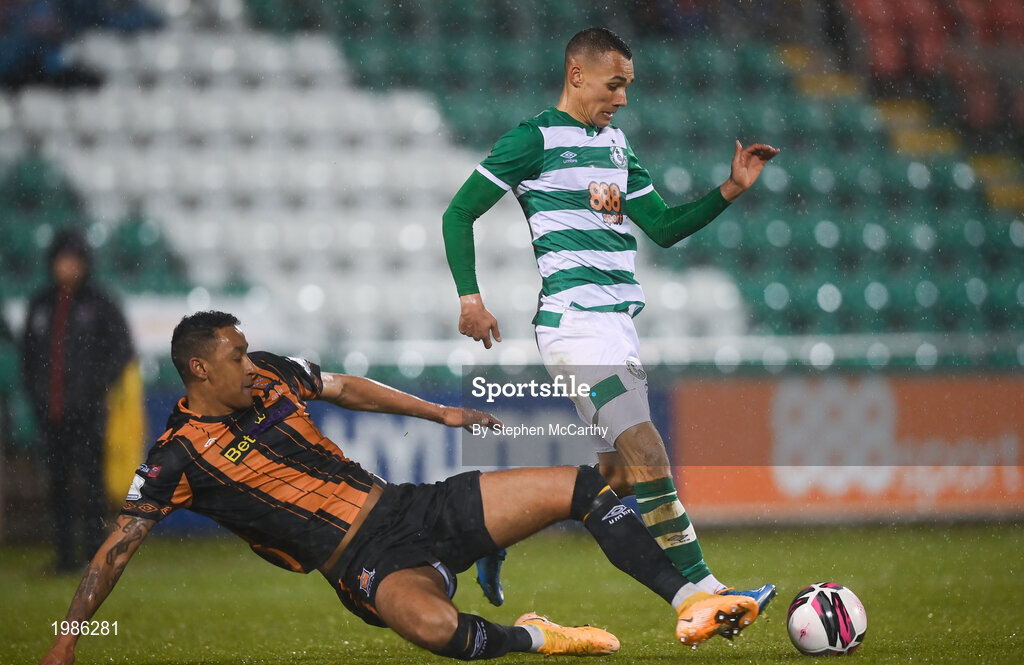 12 March 2021; Sonni Nattestad of Dundalk tackles Graham Burke of Shamrock Rovers, resulting in a red card, during the FAI President's Cup Final match between Shamrock Rovers and Dundalk at Tallaght Stadium in Dublin. Photo by Stephen McCarthy/Sportsfile