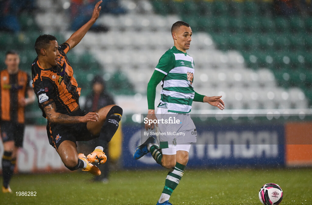 12 March 2021; Sonni Nattestad of Dundalk tackles Graham Burke of Shamrock Rovers, resulting in a red card, during the FAI President's Cup Final match between Shamrock Rovers and Dundalk at Tallaght Stadium in Dublin. Photo by Stephen McCarthy/Sportsfile