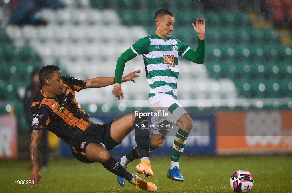 12 March 2021; Sonni Nattestad of Dundalk tackles Graham Burke of Shamrock Rovers, resulting in a red card, during the FAI President's Cup Final match between Shamrock Rovers and Dundalk at Tallaght Stadium in Dublin. Photo by Stephen McCarthy/Sportsfile