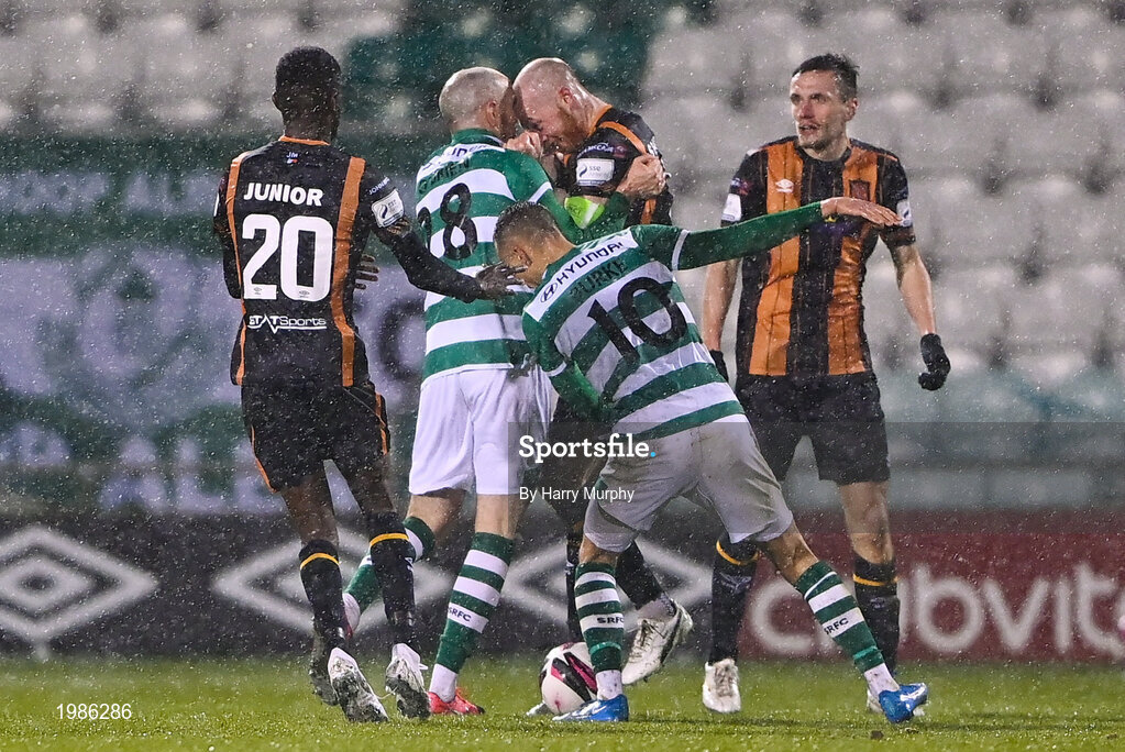 12 March 2021; Joey O'Brien of Shamrock Rovers and Chris Shields of Dundalk clash during the FAI President's Cup Final match between Shamrock Rovers and Dundalk at Tallaght Stadium in Dublin. Photo by Harry Murphy/Sportsfile