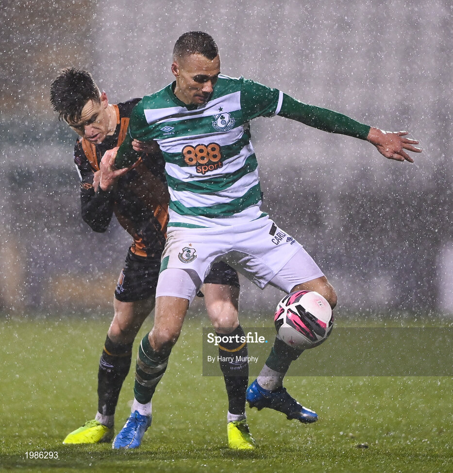12 March 2021; Graham Burke of Shamrock Rovers in action against Darragh Leahy of Dundalk during the FAI President's Cup Final match between Shamrock Rovers and Dundalk at Tallaght Stadium in Dublin. Photo by Harry Murphy/Sportsfile
