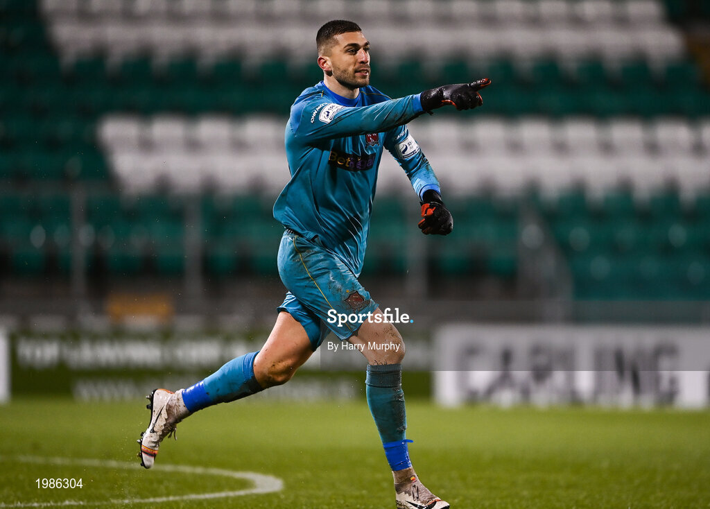 12 March 2021; Dundalk goalkeeper Alessio Abibi celebrates saving the winning penalty following the FAI President's Cup Final match between Shamrock Rovers and Dundalk at Tallaght Stadium in Dublin. Photo by Harry Murphy/Sportsfile