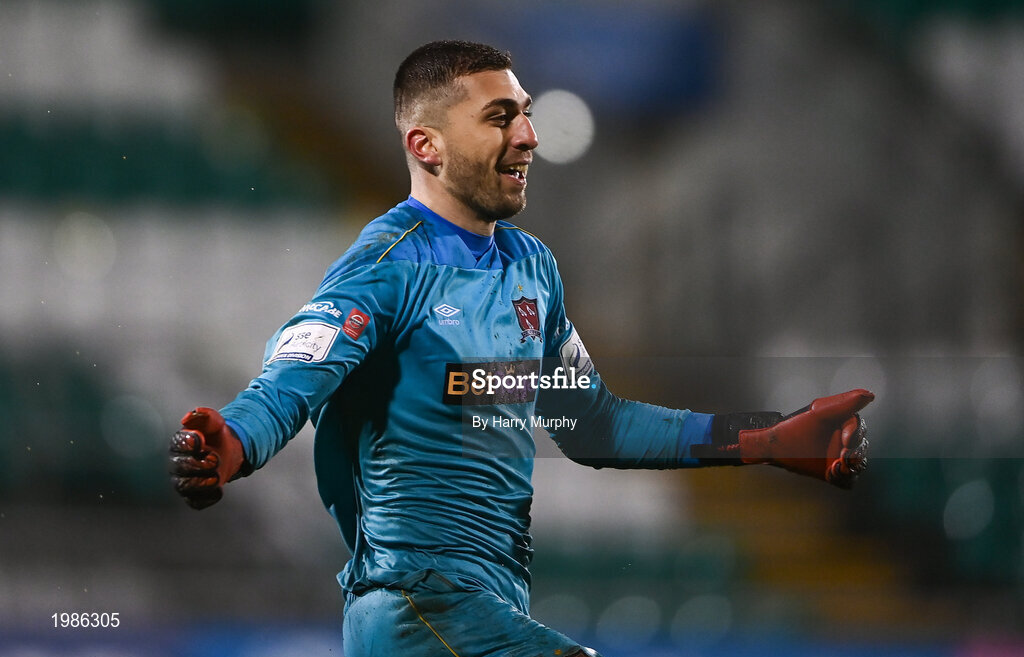 12 March 2021; Dundalk goalkeeper Alessio Abibi celebrates saving the winning penalty following the FAI President's Cup Final match between Shamrock Rovers and Dundalk at Tallaght Stadium in Dublin. Photo by Harry Murphy/Sportsfile