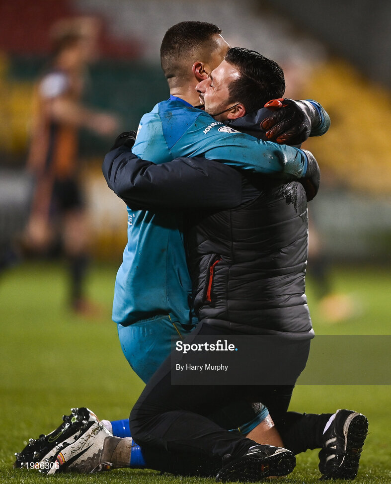 12 March 2021; Dundalk goalkeeper Alessio Abibi celebrates saving the winning penalty with Dundalk coach Giuseppi Rossi following the FAI President's Cup Final match between Shamrock Rovers and Dundalk at Tallaght Stadium in Dublin. Photo by Harry Murphy/Sportsfile